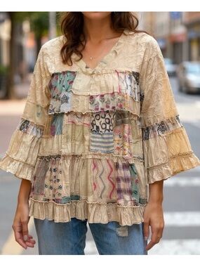 Womens Beige Patchwork Boho Ruffle Top
